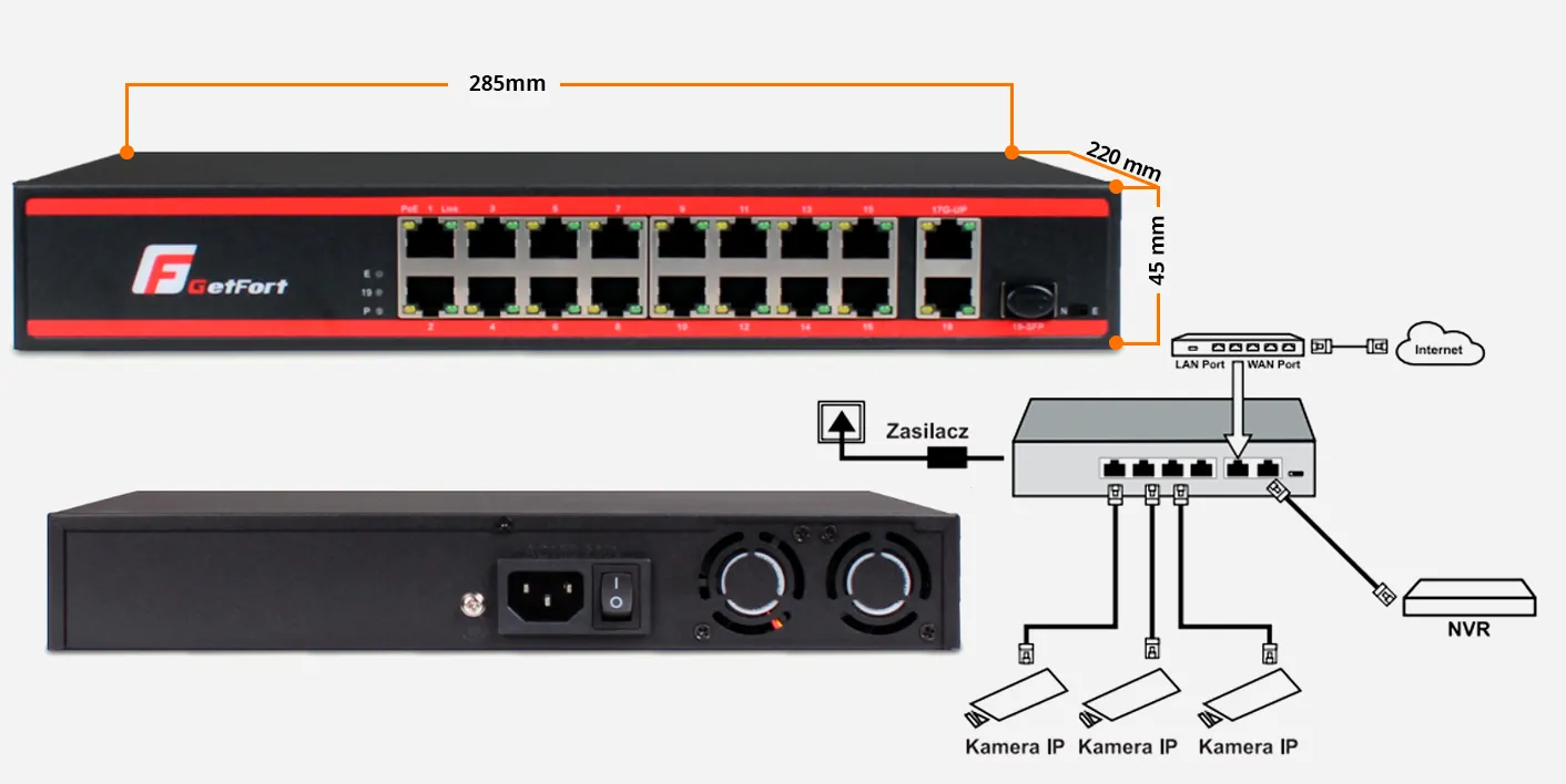 Switch Sieciowy PoE GETFORT 16 Port&oacute;w + 2GE UPLINK + 1 SFP 200W