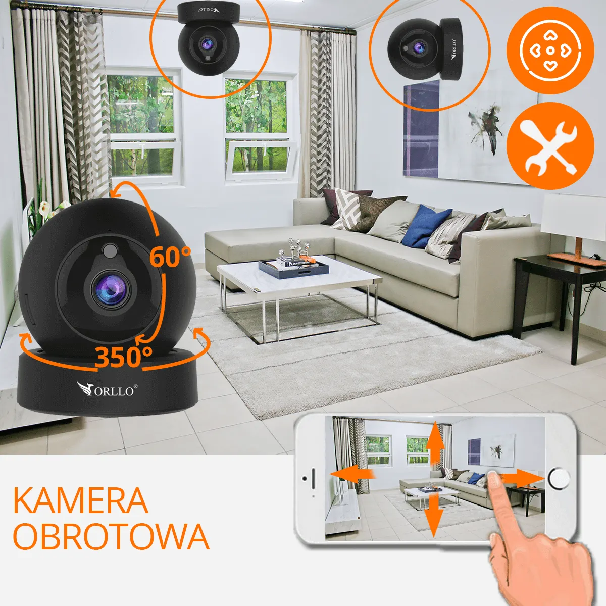 sterowanie kamerą obrotowa z aplikacji na telefonie